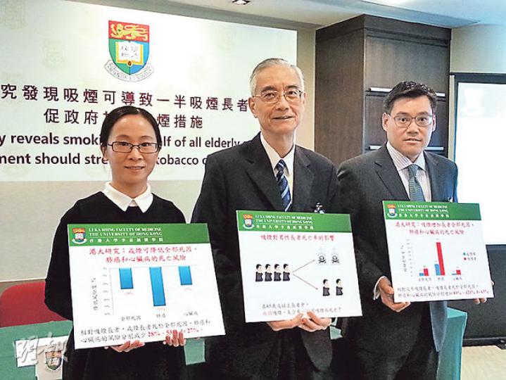 負責研究的林大慶教授(中)說,研究發現每兩名吸煙長者中,至少1人因吸煙死亡。旁為香港吸煙與健康委員會主席鄺祖盛(右)及港大博士後研究員徐琳(左)。(岑詠欣攝) 負責研究的林大慶教授(中)說,研究發現每兩名吸煙長者中,至少1人因吸煙死亡。旁為香港吸煙與健康委員會主席鄺祖盛(右)及港大博士後研究員徐琳(左)。(岑詠欣攝)