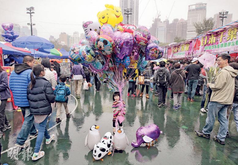 昨日天公不作美,時有陣雨,令年宵檔主的如意算盤打不響,人流遠遜預期。不少花檔檔主慨嘆生意較去年同期下跌兩成,或需提前減價促銷,亦有部分檔主推「落雨價」招客。(李澤彤攝)王先生(右)與太太(左)笑言因昨午下雨,預料維園年宵人流減少,專程到來辦年貨。他們共花200元購買羊公仔、風車等應節貨品。兩人指今年的貨品價格與往年相若,亦未見有攤檔劈價促銷。(李澤彤攝)劉先生與太太帶同兩名7歲大的孖仔(圖)到維園行年宵,劉太表示因下雨關係,人流比去年明顯減少,今年雖有較多政治元素的產品,但未必適合小朋友,去年在 昨日天公不作美,時有陣雨,令年宵檔主的如意算盤打不響,人流遠遜預期。不少花檔檔主慨嘆生意較去年同期下跌兩成,或需提前減價促銷,亦有部分檔主推「落雨價」招客。(李澤彤攝)王先生(右)與太太(左)笑言因昨午下雨,預料維園年宵人流減少,專程到來辦年貨。他們共花200元購買羊公仔、風車等應節貨品。兩人指今年的貨品價格與往年相若,亦未見有攤檔劈價促銷。(李澤彤攝)劉先生與太太帶同兩名7歲大的孖仔(圖)到維園行年宵,劉太表示因下雨關係,人流比去年明顯減少,今年雖有較多政治元素的產品,但未必適合小朋友,去年在