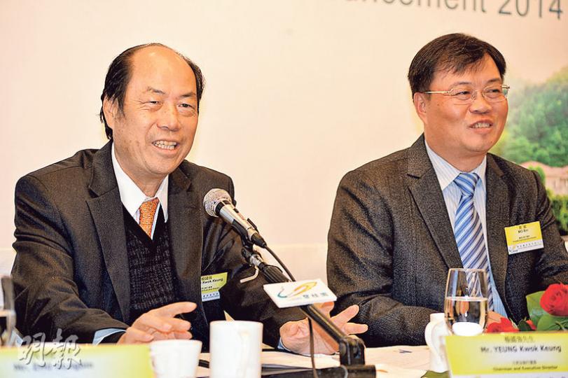 碧桂園創辦人、主席楊國強(左)昨罕有來港,現年60歲的他笑言,講退休還太早。右為公司行政總裁莫斌。(葉家豪攝) 碧桂園創辦人、主席楊國強(左)昨罕有來港,現年60歲的他笑言,講退休還太早。右為公司行政總裁莫斌。(葉家豪攝)