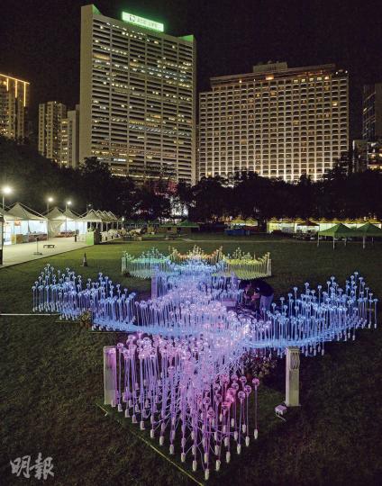 香港花卉展覽今日揭幕,花展於中央草地首設由逾千光纖組成的夜光花圃,入夜後花海會隨音樂變色,照亮維多利亞公園,市民不論晝夜都可細賞特色花海。(余俊亮攝) 香港花卉展覽今日揭幕,花展於中央草地首設由逾千光纖組成的夜光花圃,入夜後花海會隨音樂變色,照亮維多利亞公園,市民不論晝夜都可細賞特色花海。(余俊亮攝)