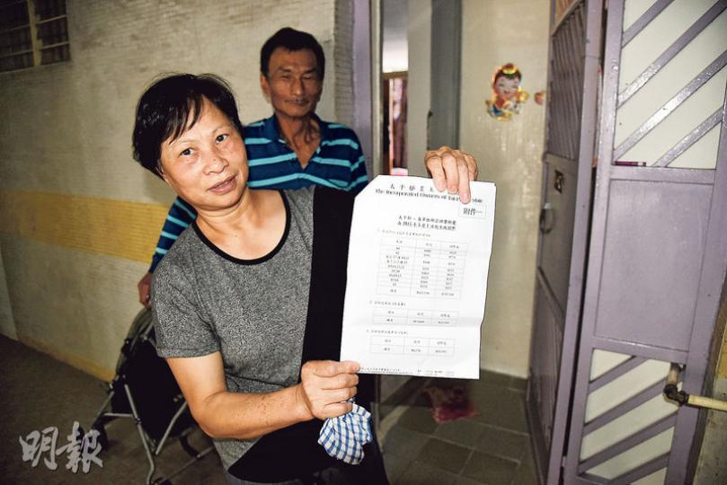 居於太平邨逾20年的江太（前）稱，過往兩次調整管理費都是「加幾十蚊」，未料今次大幅增逾百元，江先生（後）指業主大會因不夠法定人數未開成，詎料管理公司未經諮詢即「開天殺價」。（林智傑攝）