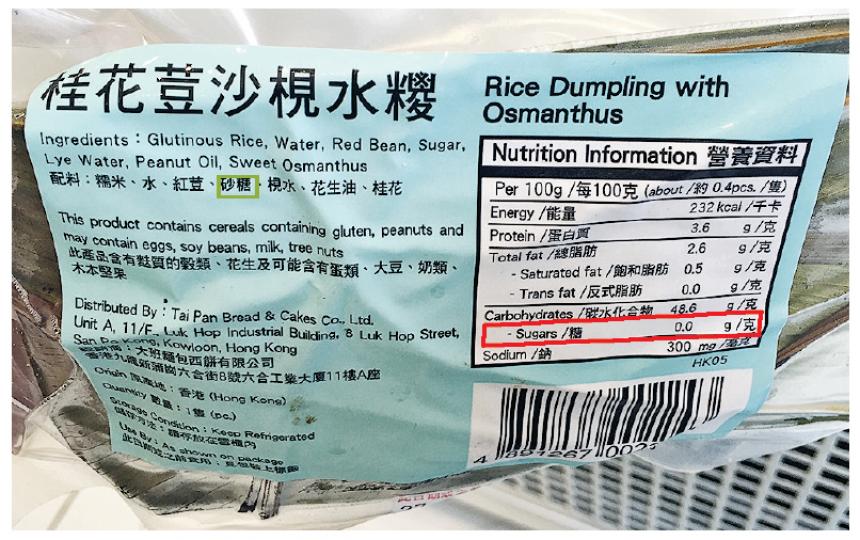 本報上月24日在大班九龍灣分店查察糉的標籤,其中「桂花荳莎梘水糉」營養標籤顯示,每100克含0克糖(紅框示),但配料含「砂糖」(綠框示)。大班向本報證實營養標籤出錯,須回收及更正。(邱雅錡攝) 本報上月24日在大班九龍灣分店查察糉的標籤,其中「桂花荳莎梘水糉」營養標籤顯示,每100克含0克糖(紅框示),但配料含「砂糖」(綠框示)。大班向本報證實營養標籤出錯,須回收及更正。(邱雅錡攝)