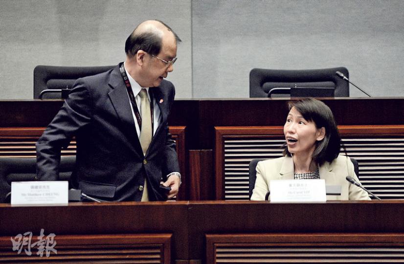 勞福局長張建宗(左)及社署署長葉文娟(右)昨到立法會福利事務委員會,就監管安老院舍問題接受議員提問。張稱當局會檢視《安老院條例》於法律框架上有否改善空間。(余俊亮攝) 勞福局長張建宗(左)及社署署長葉文娟(右)昨到立法會福利事務委員會,就監管安老院舍問題接受議員提問。張稱當局會檢視《安老院條例》於法律框架上有否改善空間。(余俊亮攝)
