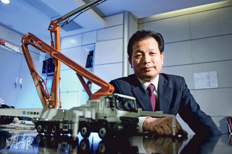 中聯重科副總裁孫昌軍認為，工程機械企業未來的「黃金十年」機會在海外。（林俊源攝）圖為中聯重科製造的泵車，可將水泥運送至建築物高處方便作業。（林俊源攝）