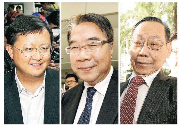全國政協委員兼香港資源控股前主席黃英豪（左圖）、恒基主席李兆基姻親、徐子淇之父徐傳順（中圖）及證監會前高層尹應能（右圖）昨日就行賄控罪出庭應訊。（李紹昌、鍾林枝攝）