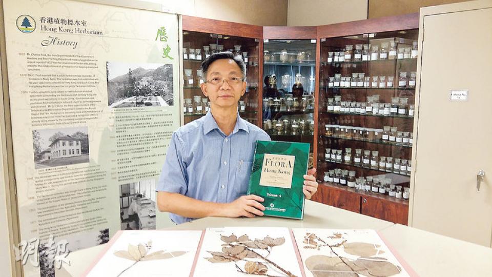 彭權森說到他「植物人」生涯最難忘的事，就是參與編著其手上的《香港植物誌》。（鄧力行攝）
