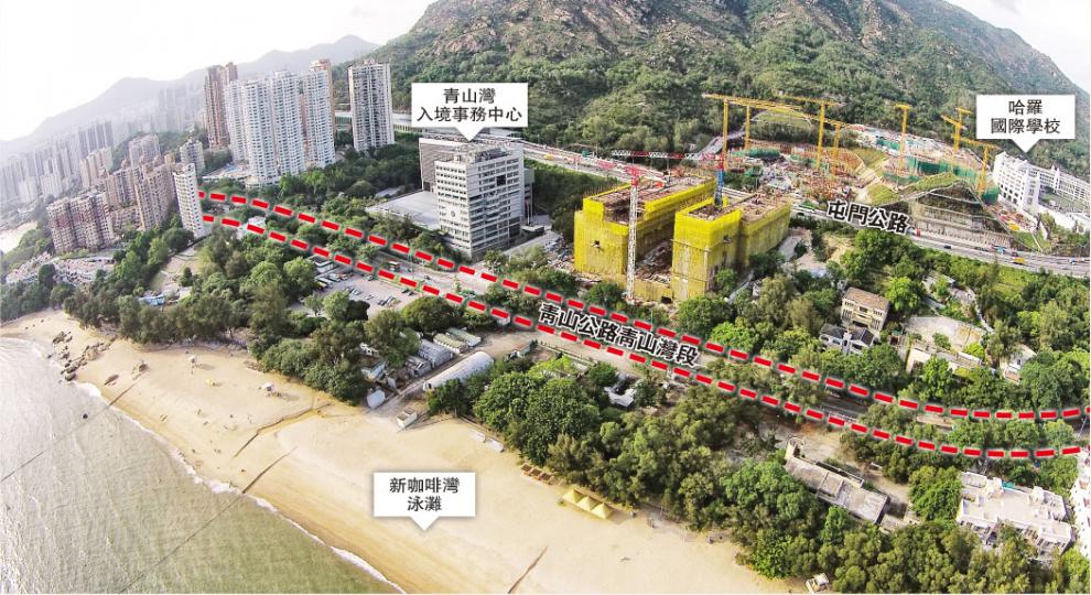 為了紓緩青山公路青山灣段交通擠塞問題，路政署計劃進行擴闊工程（紅色虛線為工程範圍），但有屯門居民擬今日申請司法覆核，推翻有關的工程許可。（鄧宗弘攝）
