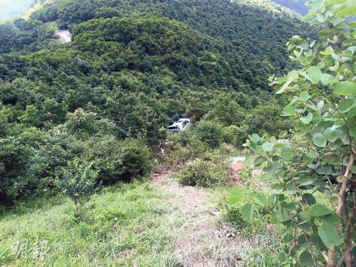 前日有市民發現一輛私家車由大帽山道衝落約30米山坡，警員懷疑32歲司機葉曉斌墮山坡失蹤。（葉真真攝）搜索行動期間，消防員一度動用航拍設備協助視察地形及尋找失蹤事主。（林智傑攝）