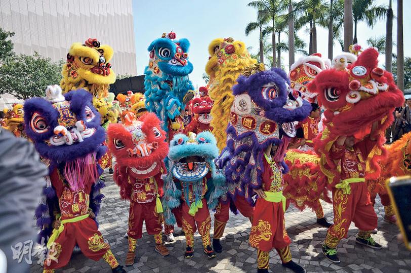 約200頭醒獅昨在港九巡遊表演，色彩繽紛，吸引遊客駐足觀看。圖為尖沙嘴文化中心外。（蘇智鑫攝）