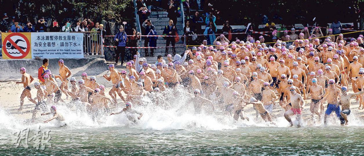 元旦冬泳拯溺錦標大賽昨晨舉行，吸引2641人參賽，由南區中灣出發遊至終點淺水灣，全程約600公尺。（李紹昌攝）因骨癌被切除右腿的湯亮明（右），第31年參加元旦冬泳，與他結婚10年的湯太（左）雖不諳水性，但結婚10年來，幾乎每年陪同丈夫出席活動。（王丹麟攝）中度智障及肢體障礙的貝納寶（左）今年第6次參與元旦冬泳，而10歲的王朗名（前）為嚴重智障，今年第二次參加。兩人的教練余國彬（後右）說，游泳可訓練他們的專注力，強調參賽並非鬥快。（王丹麟攝）