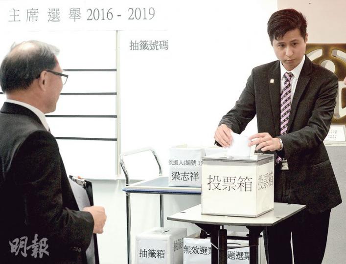 元朗區議會昨日選主席，由鄉事派推舉的獨立議員沈豪傑（右）奪得22票，以4票之差擊敗爭取連任的民建聯梁志祥（左）。（劉焌陶攝）