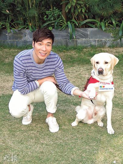 許志安與導盲犬一起拍廣告。(攝影:孫慧莊) 許志安與導盲犬一起拍廣告。(攝影:孫慧莊)