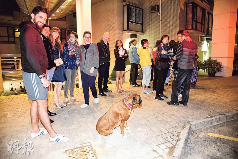 半山羅便臣道樂怡閣火警中，約100名住客逃生，有狗主不忘攜帶愛犬一起到樓下安全地方暫避。（蔡方山攝）