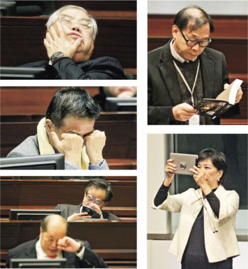立法會審議版權修訂條例草案，泛民拉布，而建制派議員就「罰坐」喺會議廳防流會，漫長會議好難頂，好似黃定光（左上至下）就閉目養神，田北辰無眼睇，盧偉國、張華峰個樣就好攰咁。梁志祥（右上）就帶書睇消磨時間。蔣麗芸（右下）就喺會議廳影相，不停上載相片去fb鬧爆泛民缺席會議，結果被主席曾鈺成話唔應該開會時影相。（郭慶輝攝）