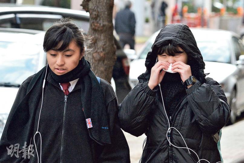 小學和幼稚園在嚴寒下停課一日，中學仍要照常上課。嶺南中學校長李鳳蘭指中學可在緊急情况下自行決定停課，但該校地處市區，沒迫切需要，惟缺席率較平時略高，低年級平均每班一兩名學生告假。（楊柏賢攝）