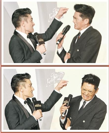 華仔重演手指篤發哥個頭的鏡頭，場面搞笑。（攝影：鍾偉茵）有發哥出現，當然少不了他揸機跟發嫂與粉絲玩自拍呢！（攝影：鍾偉茵）向華强與兒子向佐父子檔演出，向太當然全力支持。（攝影：鍾偉茵）