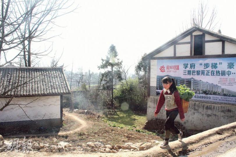 貴州一名農村少女揹着蔬菜在路上走着。電子商貿在中國西部仍在起步，目標是將農產品送到全國。（楊立贇攝）