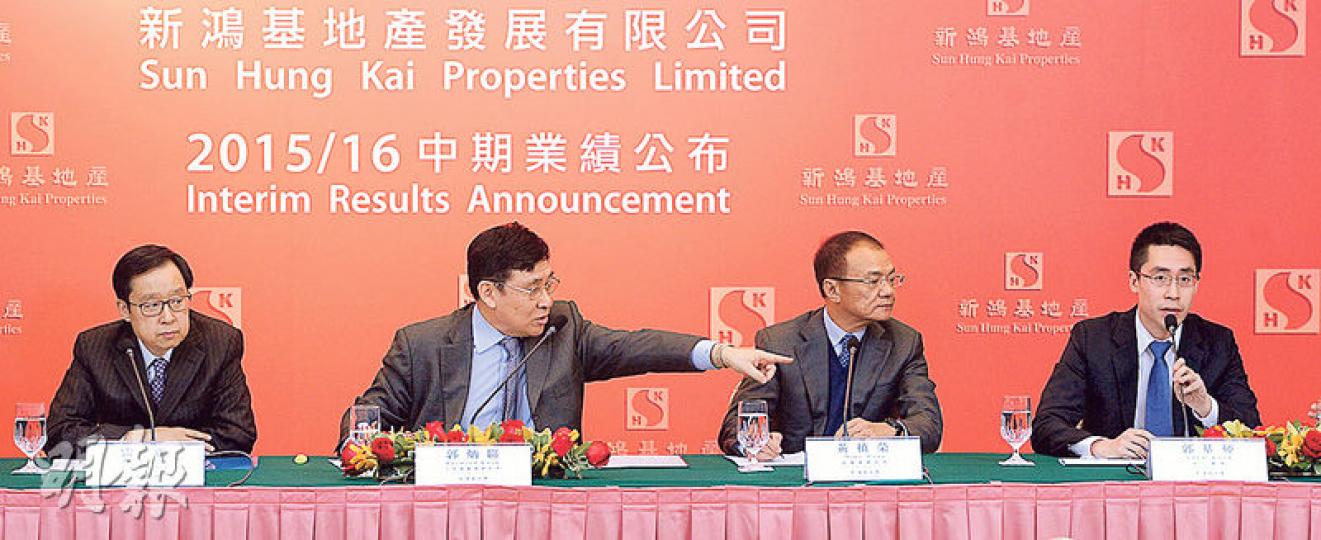 新地在港的售樓目標有可能較原來的320億元,出現10%至15%向下調整。不過集團主席兼董事總經理郭炳聯(左二)明言,對公司全年的表現有信心,因此仍然建議中期派息增加10.5%。圖左為副董事總經理雷霆,右二為副董事總經理黃植榮,右為執行董事郭基煇。(劉焌陶攝) 新地在港的售樓目標有可能較原來的320億元,出現10%至15%向下調整。不過集團主席兼董事總經理郭炳聯(左二)明言,對公司全年的表現有信心,因此仍然建議中期派息增加10.5%。圖左為副董事總經理雷霆,右二為副董事總經理黃植榮,右為執行董事郭基煇。(劉焌陶攝)