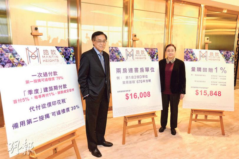 何文田三個豪宅新盤先後開價,嘉里皓畋昨公布首批價單,折實呎價逾1.9萬元,嘉里發展執行董事朱葉培(左)表示,項目最快周末收票及月中前正式開售。(黃志東攝) 何文田三個豪宅新盤先後開價,嘉里皓畋昨公布首批價單,折實呎價逾1.9萬元,嘉里發展執行董事朱葉培(左)表示,項目最快周末收票及月中前正式開售。(黃志東攝)
