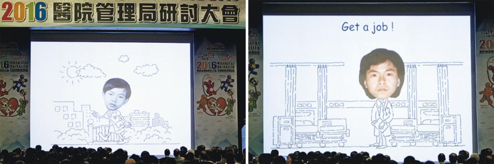 長髮學溫拿 醫管局行政總裁梁栢賢為咗宣傳紓緩治療服務,喺周年研討大會「出賣」自己學生時代照片(左圖);而中五影嘅舊照留長頭髮(右圖),佢就話係學溫拿喎。(郭慶輝攝) 長髮學溫拿 醫管局行政總裁梁栢賢為咗宣傳紓緩治療服務,喺周年研討大會「出賣」自己學生時代照片(左圖);而中五影嘅舊照留長頭髮(右圖),佢就話係學溫拿喎。(郭慶輝攝)
