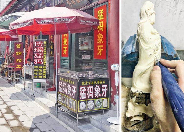 左圖為在北京潘家園市場內,象牙經營者已經打出猛獁象牙的招牌。右圖為香港非法銷售象牙者傳送的工匠雕刻象牙工作圖。(明報記者攝) 左圖為在北京潘家園市場內,象牙經營者已經打出猛獁象牙的招牌。右圖為香港非法銷售象牙者傳送的工匠雕刻象牙工作圖。(明報記者攝)