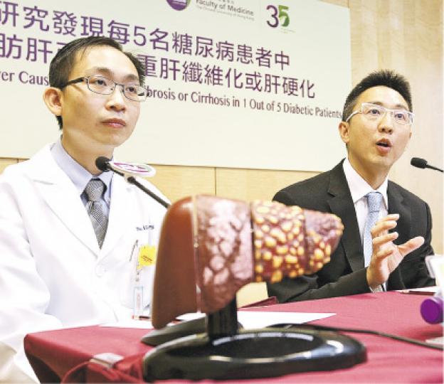 中大醫學院消化疾病研究所主任陳力元(右)認為,本港甚至國際間,應替糖尿病患者做脂肪肝篩選檢查。圖左為中大醫學院內科及藥物治療學系腸胃及肝臟科教授黃煒燊醫生。(林俊源攝) 中大醫學院消化疾病研究所主任陳力元(右)認為,本港甚至國際間,應替糖尿病患者做脂肪肝篩選檢查。圖左為中大醫學院內科及藥物治療學系腸胃及肝臟科教授黃煒燊醫生。(林俊源攝)