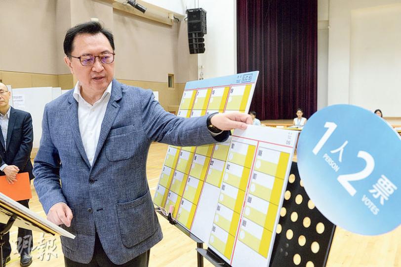 選管會主席馮驊昨日巡視模擬投票站,他說若候選人受威脅應盡快報警,執法機關會嚴肅跟進。(劉焌陶攝) 選管會主席馮驊昨日巡視模擬投票站,他說若候選人受威脅應盡快報警,執法機關會嚴肅跟進。(劉焌陶攝)