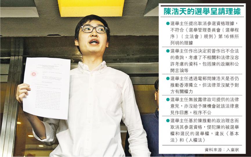 香港民族黨召集人陳浩天(圖)昨入稟高等法院提出選舉呈請,要求法庭宣告立法會選舉無效。他表示即使經費不足仍會堅持打官司,「最多咪破產……我唔做無人做,一定要我做」。(李紹昌攝) 香港民族黨召集人陳浩天(圖)昨入稟高等法院提出選舉呈請,要求法庭宣告立法會選舉無效。他表示即使經費不足仍會堅持打官司,「最多咪破產……我唔做無人做,一定要我做」。(李紹昌攝)