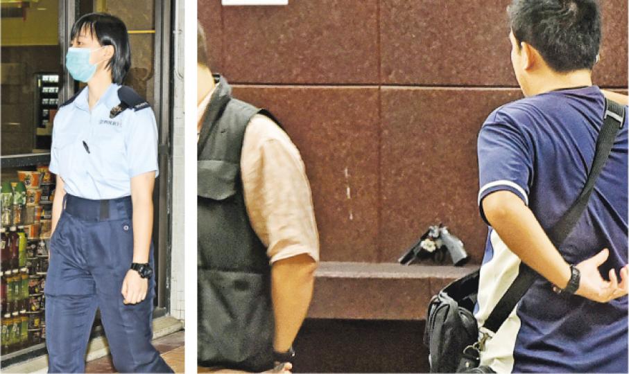 田心警署一名女警準備出更時,在上彈及退彈區上膛後,疑回槍時佩槍走火,送院敷治後出院(左圖),警員事後在走火現場調查(右圖)。(蔡方山攝) 田心警署一名女警準備出更時,在上彈及退彈區上膛後,疑回槍時佩槍走火,送院敷治後出院(左圖),警員事後在走火現場調查(右圖)。(蔡方山攝)