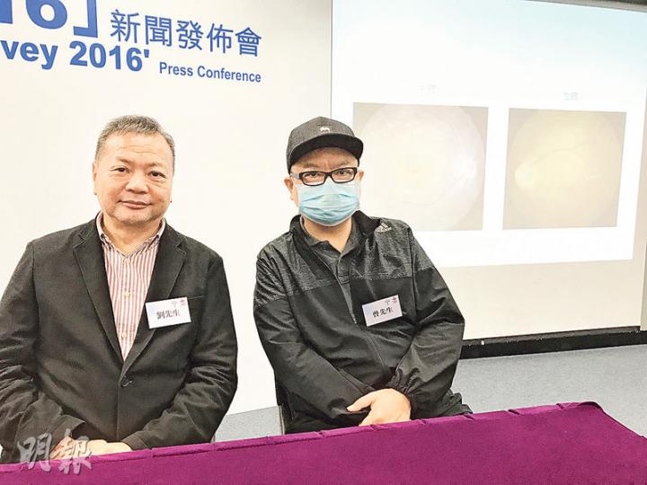 46歲的曾先生(右)4年前右眼眼底出血,經身體檢查才確診糖尿病。61歲的糖尿病人劉先生(左)約一年前有怕光徵狀,證實出現黃斑病變。(梁杏怡攝) 46歲的曾先生(右)4年前右眼眼底出血,經身體檢查才確診糖尿病。61歲的糖尿病人劉先生(左)約一年前有怕光徵狀,證實出現黃斑病變。(梁杏怡攝)
