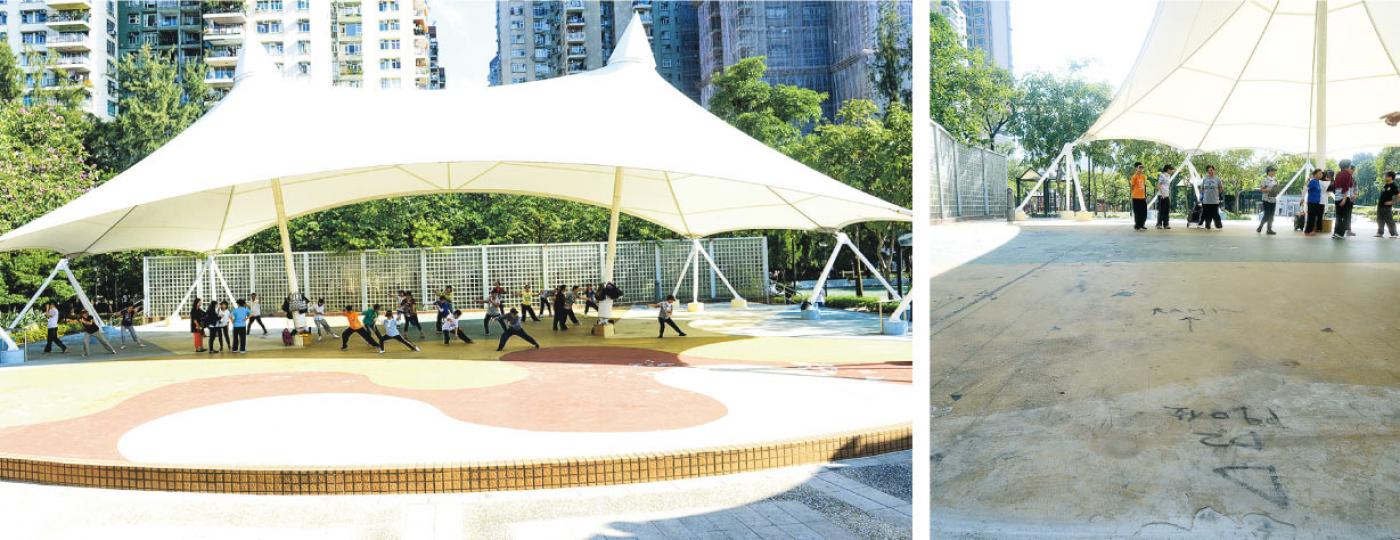 荔枝角公園三期露天劇場的舞台上將加建更衣室,地面圖則顯示其斜道範圍(右圖)。居民指該處是他們每日活動的主要地方,又指曾量度帳篷下陰涼範圍,發現更衣室範圍已佔去近三成陰涼位置,批評該工程計劃是逼他們到陽光直射地方暴曬。(劉焌陶攝) 荔枝角公園三期露天劇場的舞台上將加建更衣室,地面圖則顯示其斜道範圍(右圖)。居民指該處是他們每日活動的主要地方,又指曾量度帳篷下陰涼範圍,發現更衣室範圍已佔去近三成陰涼位置,批評該工程計劃是逼他們到陽光直射地方暴曬。(劉焌陶攝)