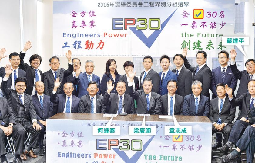 前工程界議員何鍾泰率領22人,連同市建局行政總監韋志成牽頭的政府工程師8人團隊,合組「工程動力(EP30)」名單出選工程界選委。當中有13人為上屆選委望角逐連任(舉手者),包括工程師學會前會長梁廣灝、曾提名及投票予現屆特首梁振英的工程師嚴建平。(馮凱鍵攝) 前工程界議員何鍾泰率領22人,連同市建局行政總監韋志成牽頭的政府工程師8人團隊,合組「工程動力(EP30)」名單出選工程界選委。當中有13人為上屆選委望角逐連任(舉手者),包括工程師學會前會長梁廣灝、曾提名及投票予現屆特首梁振英的工程師嚴建平。(馮凱鍵攝)