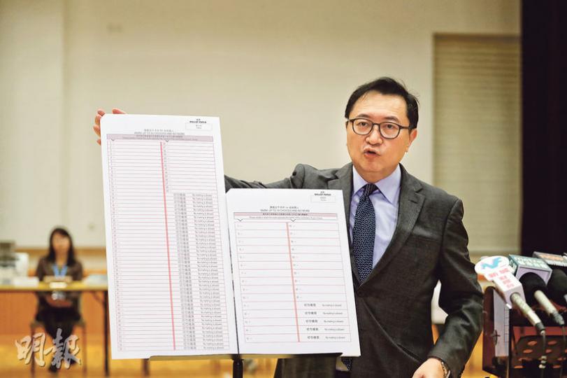 選管會主席馮驊（圖）昨巡視跑馬地模擬票站，並展示模擬選票。他稱，由於點票時選票須經電子掃描，故選民將選票投入票箱時，不應摺疊選票。（李紹昌攝）