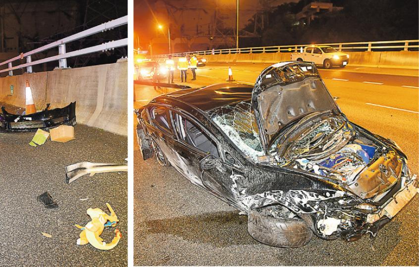 警員趕至封鎖現場調查,肇事私家車撞至嚴重損毁、右前轆幾近甩脫,幸未造成嚴重傷亡。碎片及車內雜物飛出散滿一地,包括寵物小精靈「噴火龍」公仔(左下方)。(蔡方山攝) 警員趕至封鎖現場調查,肇事私家車撞至嚴重損毁、右前轆幾近甩脫,幸未造成嚴重傷亡。碎片及車內雜物飛出散滿一地,包括寵物小精靈「噴火龍」公仔(左下方)。(蔡方山攝)