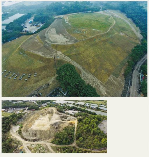 涉天水圍「泥頭山」的公司昨再因佔用官地的泥頭未清走,被罰款14.5萬元。記者昨在場所見,泥頭山體積與之前沒有明顯改變,不過表面多了薄薄一層草(上圖),遠望更似一座小山丘。左圖為今年3月所攝,泥頭山一片黃土。(鄧宗弘攝) 涉天水圍「泥頭山」的公司昨再因佔用官地的泥頭未清走,被罰款14.5萬元。記者昨在場所見,泥頭山體積與之前沒有明顯改變,不過表面多了薄薄一層草(上圖),遠望更似一座小山丘。左圖為今年3月所攝,泥頭山一片黃土。(鄧宗弘攝)