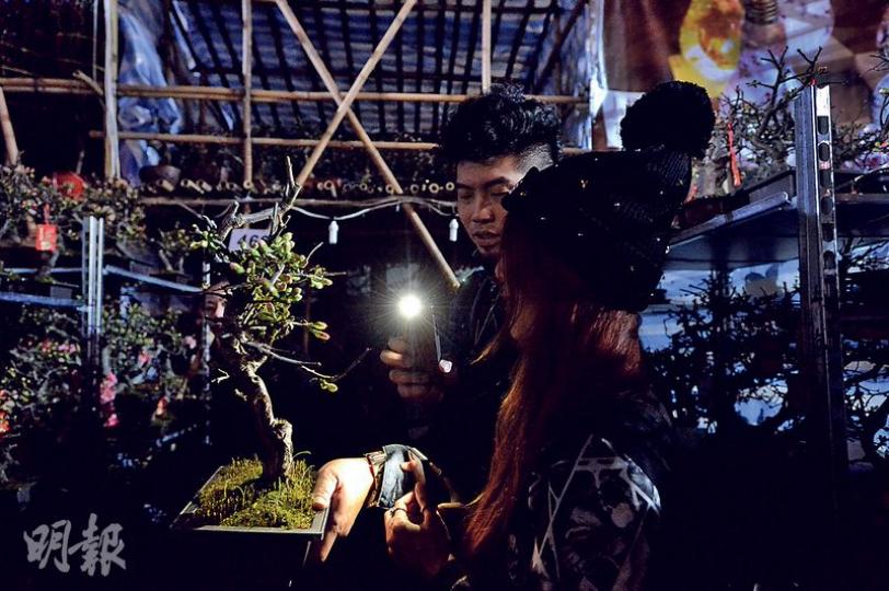 銅鑼灣維園年宵花市昨日發生停電事故，部分檔戶無電，晚上時檔戶無光賣貨，市民摸黑購物，至晚上8時半，供電陸續恢復。（馮凱鍵攝）理大學生出售與外國品牌外形類近的A5水樽，及印上不同字句的袋子。林小姐（右）身上的袋子印有「機會是留比有機會的人」，她認為年輕人並非完全被動，亦會有主動爭取機會的一面。（許芳文攝）花市檔戶出售百變怪造型比卡超（左）及傻鴨（右），檔員直認整批公仔均由內地廠房訂製，因此沒有任何標籤，但檔員未有正面回應是否屬於正版貨品。（許芳文攝）有攤位出售盒面印上簡體字的積木玩具，標誌則變為「
