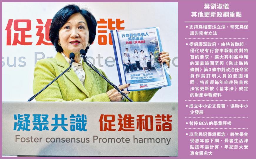 特首參選人葉劉淑儀昨日公布更新版政綱,當中新增11個範疇,在政改議題上並無寫明「8•31決定」,她指人大常委在2004、2007及2014年的決定皆有法律約束力,但人大常委會可按香港社會發展作出新決定。葉太昨日的記者會獲批發及零售界選委趙振國撐場,他表示已為葉太簽署提名表。(楊柏賢攝) 特首參選人葉劉淑儀昨日公布更新版政綱,當中新增11個範疇,在政改議題上並無寫明「8•31決定」,她指人大常委在2004、2007及2014年的決定皆有法律約束力,但人大常委會可按香港社會發展作出新決定。葉太昨日的記者會獲批發及零售界選委趙振國撐場,他表示已為葉太簽署提名表。(楊柏賢攝)