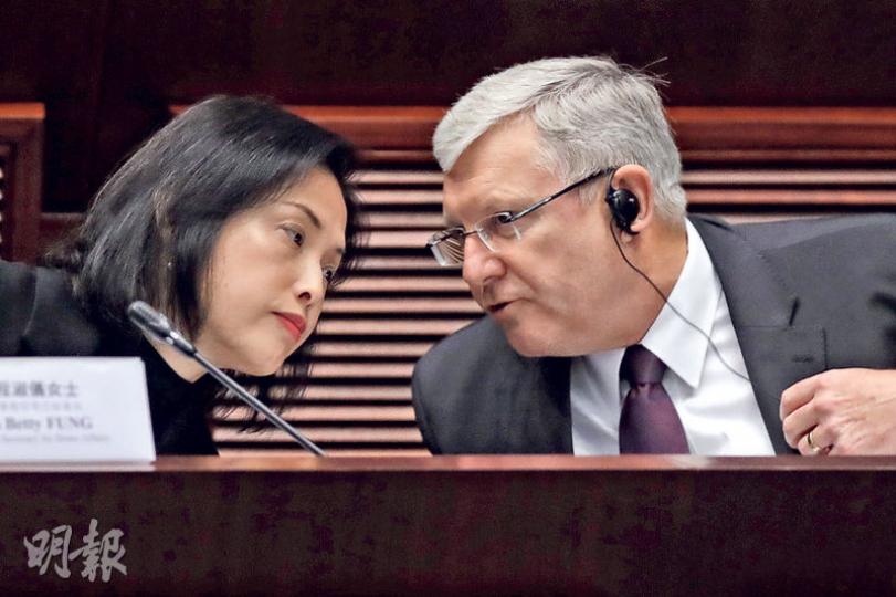 民政事務局常任秘書長馮程淑儀(左)昨出席立法會會議時指出,2008年預計2014年起西九的零售及餐飲收入每年5.5億元,但西九第二期部分土地因高鐵工程無法收回,影響西九收入,估計未來3年營運赤字約10億元。右為西九管理局行政總裁柏志高。(郭慶輝攝) 民政事務局常任秘書長馮程淑儀(左)昨出席立法會會議時指出,2008年預計2014年起西九的零售及餐飲收入每年5.5億元,但西九第二期部分土地因高鐵工程無法收回,影響西九收入,估計未來3年營運赤字約10億元。右為西九管理局行政總裁柏志高。(郭慶輝攝)