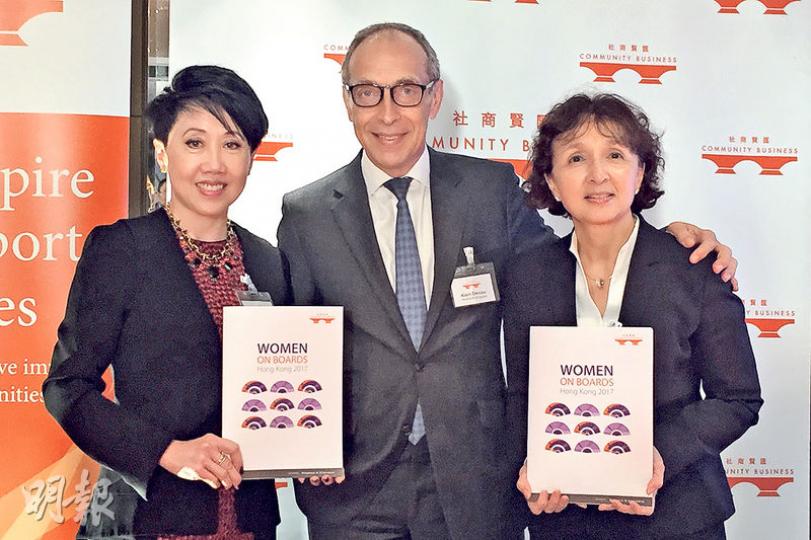 社商賢匯行政總裁余雪奕(左)指出,本港恒指企業董事職位中有12.4%為女性,按年微升1.3百分點。報告得到海德思哲國際顧問資助,由該公司的Alain Deniau(中)及Karen Fifer(右)代表出席發布會。(劉嘉裕攝) 社商賢匯行政總裁余雪奕(左)指出,本港恒指企業董事職位中有12.4%為女性,按年微升1.3百分點。報告得到海德思哲國際顧問資助,由該公司的Alain Deniau(中)及Karen Fifer(右)代表出席發布會。(劉嘉裕攝)