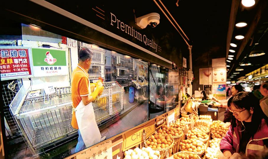 小西灣本灣街市有檔戶(圖)與柴灣街市活雞檔合作經營視像賣雞,身在小西灣的顧客可透過屏幕揀選柴灣街市內的活雞,付款後約半小時,便會有人把劏好的鮮雞運至該視像雞檔。(郭慶輝攝) 小西灣本灣街市有檔戶(圖)與柴灣街市活雞檔合作經營視像賣雞,身在小西灣的顧客可透過屏幕揀選柴灣街市內的活雞,付款後約半小時,便會有人把劏好的鮮雞運至該視像雞檔。(郭慶輝攝)