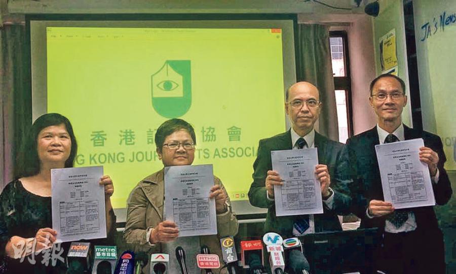記協昨公布本港新聞自由指數,連跌兩年後首度輕微回升,但仍不及格。記協主席岑倚蘭(左二)認為指數略升可能與網媒增多有關。左一為記協前主席麥燕庭,左三及四為調查顧問團成員中大新聞與傳播學院教授蘇鑰機及港大民意研究計劃總監鍾庭耀。(賴嘉梨攝)
記協昨公布本港新聞自由指數,連跌兩年後首度輕微回升,但仍不及格。記協主席岑倚蘭(左二)認為指數略升可能與網媒增多有關。左一為記協前主席麥燕庭,左三及四為調查顧問團成員中大新聞與傳播學院教授蘇鑰機及港大民意研究計劃總監鍾庭耀。(賴嘉梨攝)