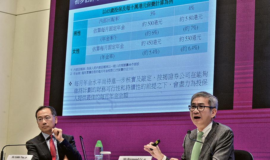 按揭證券公司執行董事余偉文(左)說,有信心實現3%至4%的內部回報率,並會力爭定在上限。執行董事兼總裁李令翔(右)指政府雖然不保底,但按證公司會用足夠的資本金,確保任何環境下都能為售出的年金計劃提供終身保障。(馮凱鍵攝)按揭證券公司主席兼執行董事、財政司長陳茂波(右)及副主席兼執行董事陳德霖(左)昨日召開記者會,宣布年金計劃獲批,6月公布細節,明年中推出,65歲或以上市民可購買,預期年金率可達7厘,終身保障。(馮凱鍵攝) 按揭證券公司執行董事余偉文(左)說,有信心實現3%至4%的內部回報率,並會力爭定在上限。執行董事兼總裁李令翔(右)指政府雖然不保底,但按證公司會用足夠的資本金,確保任何環境下都能為售出的年金計劃提供終身保障。(馮凱鍵攝)按揭證券公司主席兼執行董事、財政司長陳茂波(右)及副主席兼執行董事陳德霖(左)昨日召開記者會,宣布年金計劃獲批,6月公布細節,明年中推出,65歲或以上市民可購買,預期年金率可達7厘,終身保障。(馮凱鍵攝)