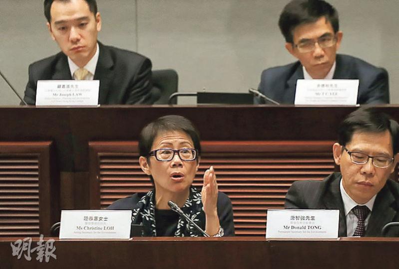 立法會經濟發展事務委員會及環境事務委員會昨舉行聯席會議,討論政府與兩間電力公司簽署的新《利潤管制計劃協議》。署理環境局長陸恭蕙(前左一)承認,由於燃料價格波動,當局難以保證電費一定會下降。(李紹昌攝) 立法會經濟發展事務委員會及環境事務委員會昨舉行聯席會議,討論政府與兩間電力公司簽署的新《利潤管制計劃協議》。署理環境局長陸恭蕙(前左一)承認,由於燃料價格波動,當局難以保證電費一定會下降。(李紹昌攝)