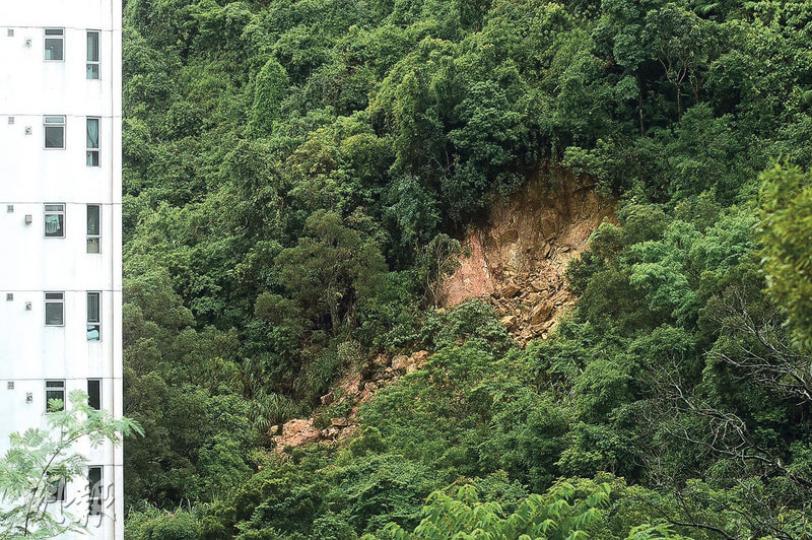 中文大學教職員宿舍對開山坡山泥傾瀉,幸沒有人受傷。(林智傑攝) 中文大學教職員宿舍對開山坡山泥傾瀉,幸沒有人受傷。(林智傑攝)