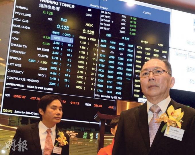 運興泰罕見的回撥機制卻殺孖展客一個措手不及,引發恐慌式斬倉,昨日掛牌大跌28%,一手慘蝕1120元,為今年新股首日表現最差。圖右為主席黎景華。(劉焌陶攝) 運興泰罕見的回撥機制卻殺孖展客一個措手不及,引發恐慌式斬倉,昨日掛牌大跌28%,一手慘蝕1120元,為今年新股首日表現最差。圖右為主席黎景華。(劉焌陶攝)