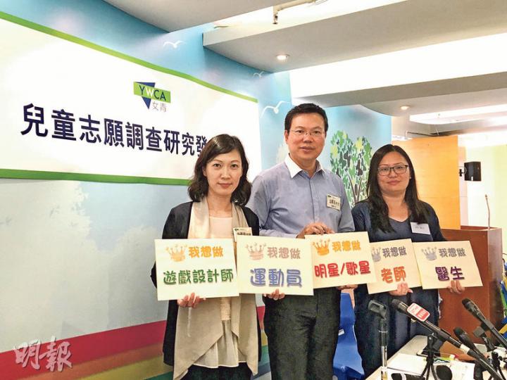 香港基督教女青年會昨發布「兒童志願調查」結果,育有兩子的黃太(右一)分享時表示,過去曾為就讀小四的長子報讀多項興趣班,「基本上數得出的都報過」,兒子漸對足球有興趣,認為家長應以陪伴為主,孩子找到目標後從旁幫他。圖左及中分別為女青家庭健康促進中心單位主任施倩俐及女青督導主任伍偉湛。(許芳文攝) 香港基督教女青年會昨發布「兒童志願調查」結果,育有兩子的黃太(右一)分享時表示,過去曾為就讀小四的長子報讀多項興趣班,「基本上數得出的都報過」,兒子漸對足球有興趣,認為家長應以陪伴為主,孩子找到目標後從旁幫他。圖左及中分別為女青家庭健康促進中心單位主任施倩俐及女青督導主任伍偉湛。(許芳文攝)