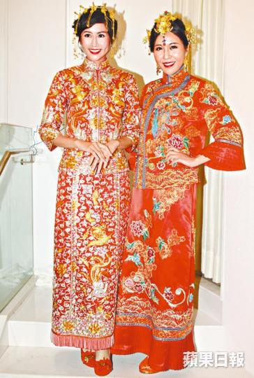 ■趙哲妤(左)及筱靖前晚穿上裙褂行婚紗騷。
■趙哲妤(左)及筱靖前晚穿上裙褂行婚紗騷。