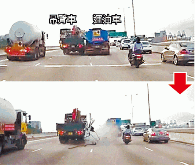 ■運油車猛撞吊臂車，車門更遭扯脫。
