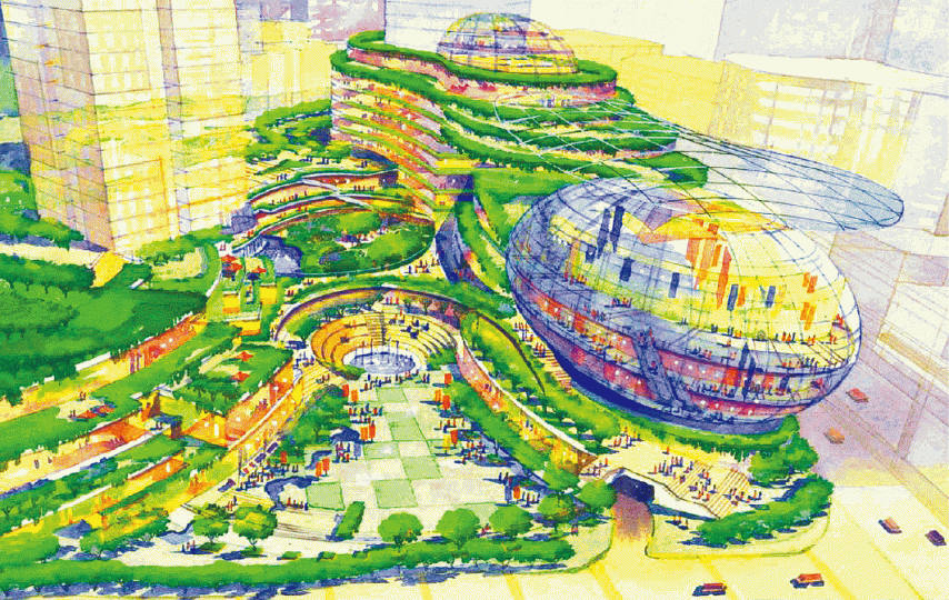 ■市建局未有按原有構想圖，興建鵝蛋形多用途活動中心及後方的梯田式綠化空間，遭觀塘區議會譴責。市建局網頁■市建局行政總監韋志成為與區議會溝通不足致歉。■由於未能完成發展區的收購及補償，市建局決定改變重建計劃，圖為原本興建「鵝蛋」位置。