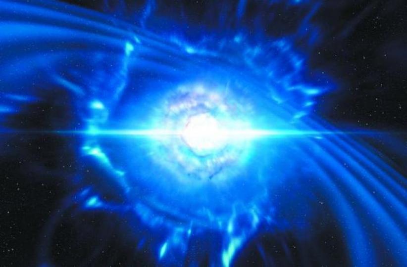 ■畫家筆下的中子星相撞示意圖。